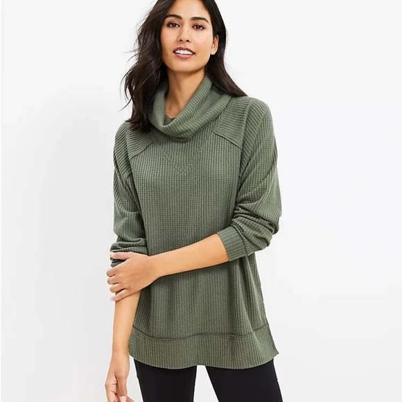 Lou & Grey Sweaters - Lou & Grey Olives Green Waffle Cowl Neck Tunic Top Hi Low Long Sleeve Sweater